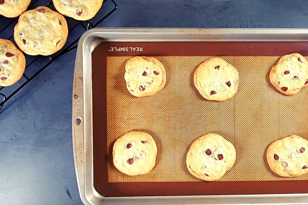 Easy homemade chocolate chip cookies without brown sugar on cookie pan. These soft chocolate chip cookies are so yummy!