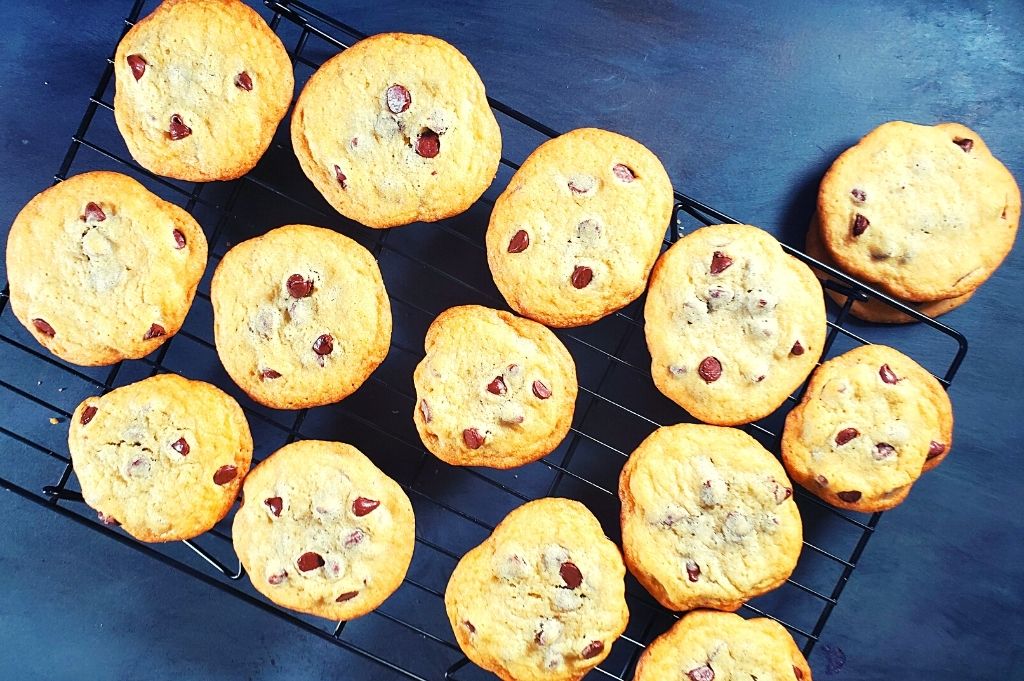 Homemade chocolate chip cookies sitting on a cooling rack. You will love these easy chocolate chip cookies with no brown sugar. It is so tasty, it may even become your favorite chocolate chip cookie recipe! 