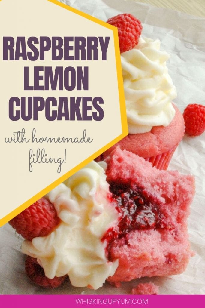 These raspberry cupcakes with raspberry jelly filling and lemon buttercream frosting is so good! | Cupcake recipes | Cupcake ideas | cupcake frosting | cupcake recipes easy | cupcake recipes homemade | easy dessert recipes | homemade dessert recipe | homemade baking